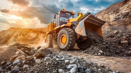 Powerful Wheel Loader Scooping Earthen Materials for Infrastructure Development