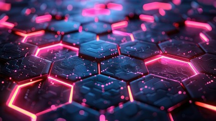 Obraz premium Futuristic hexagonal grid with glowing neon lights in pink and blue. Digital technology, sci-fi concept, abstract background.