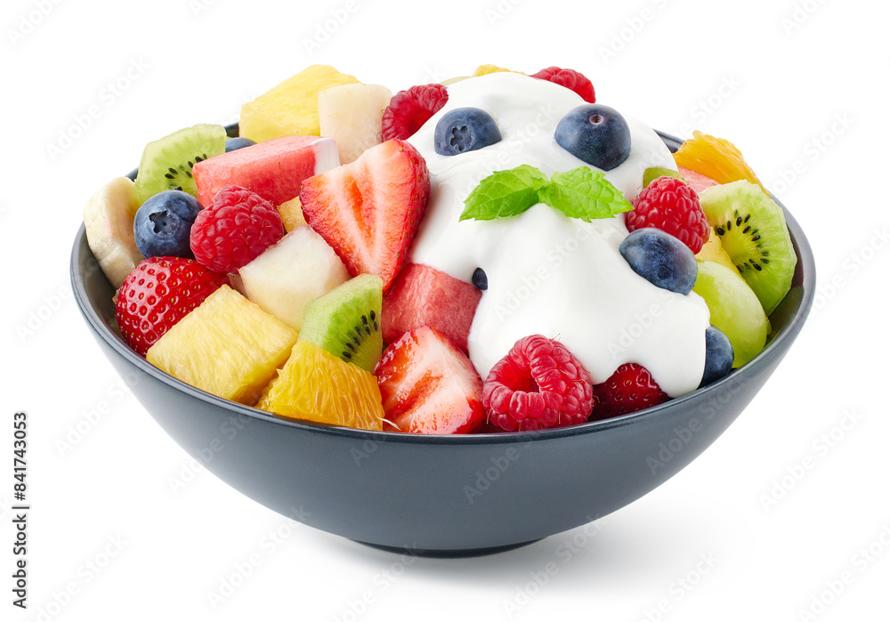 Poster bowl of fresh fruit salad and greek yogurt on white background - Posters