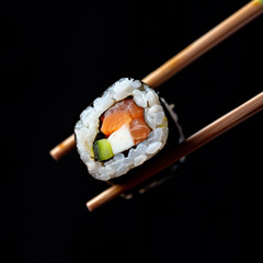 A pair of chopsticks picks up a sushi