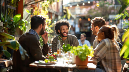 Coworkers enjoying a plant-based lunch at an outdoor cafe