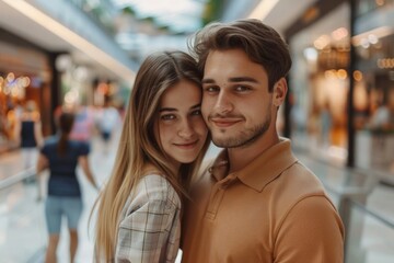 Obraz premium Portrait of a tender couple in their 20s wearing a sporty polo shirt while standing against bustling shopping mall