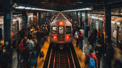 Crowded subway station with diverse commuters