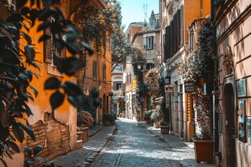 Fototapeta premium Charming Cobblestone Street Lined with Historic European Houses.