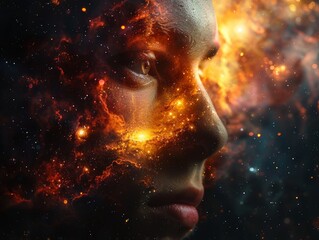 Cosmic Beauty: Ultra HD Close-Up of Vivid Nebula with Double Exposure Planets Silhouette Against Copy Space Background