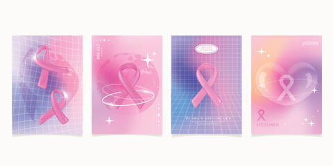 Set of Modern design templates for Breast Cancer Awareness y2k background.