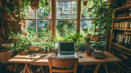 Obraz premium Desk with a view of a sustainable urban farm