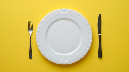 Top down view of a white plate isolated on yellow, concept of a diet, not eating dinner, increasing prices for food, zero calories, ai generated