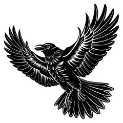 Obraz premium Majestic raven in flight, a detailed and expressive black bird with wings spread for halloween and gothict designs