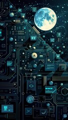 Graphic of art of technological icons and data on a moonlit electronic mainboard