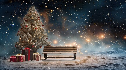 Obraz premium Enchanting Winter Wonderland: Festive Bench in Snowy Christmas Scene