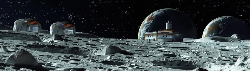 Graphic of 3D model of technological trends of  on the lunar surface with data elements
