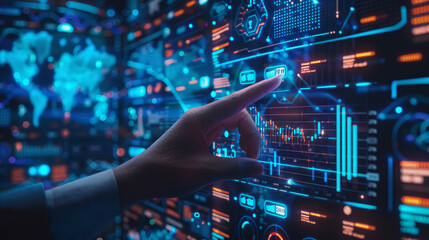 Obraz premium Fingers point to the background of AI future science and technology data big data server room 