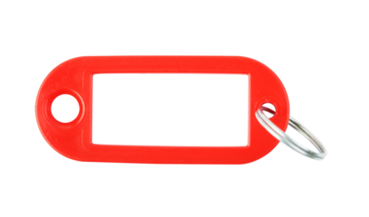 Red keychain with space for text on a white background.
