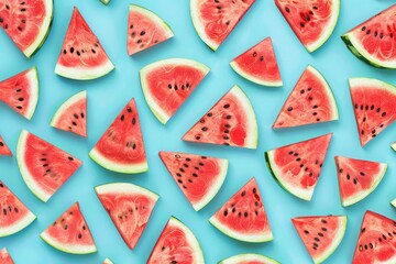 Seamless pattern with watermelons. Watermelon slices isolated on pastel blue background. Illustration painting