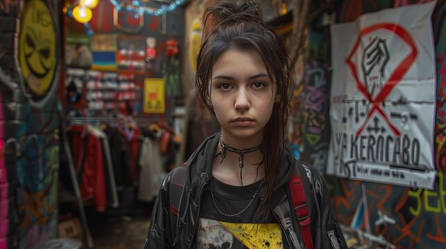 a rebel girl reflecting on anarchist rebel philosophy of Noam Chomsky, she looks confident on her actions and thoughts. she is standing in a graffiti walls surrounding area.