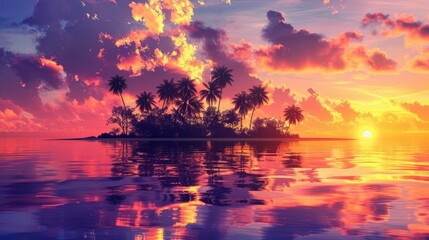 Vibrant sunset view on an island filled with colorful skies