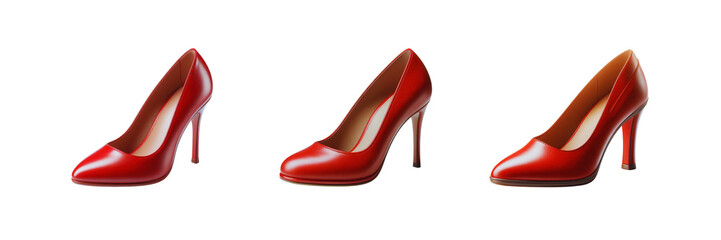 Set of women's classic Red leather heels, isolated over on transparent white background