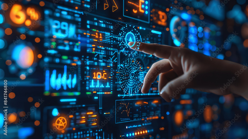 Poster fingers point to the background of ai future science and technology data big data server room
