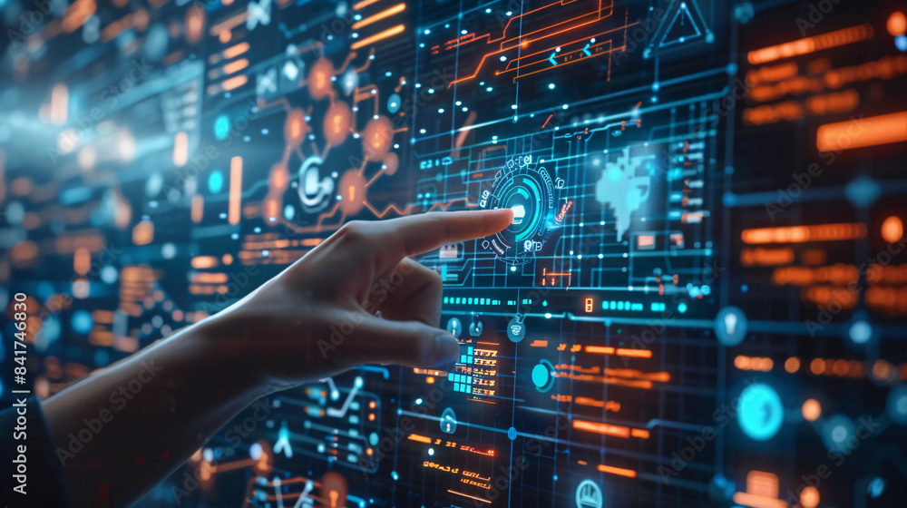 Aufkleber fingers point to the background of ai future science and technology data big data server room