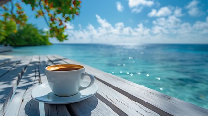 A cup of coffee on a table by the sea in the morning, Ai generate