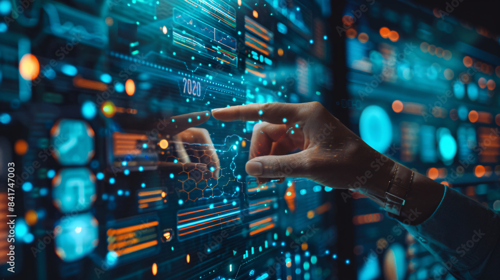 Poster fingers point to the background of ai future science and technology data big data server room
