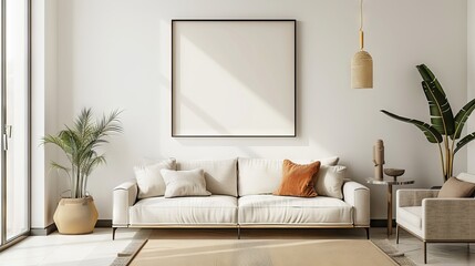 Spacious living room showcasing a large modern mockup frame, isolated against a clean background, stylish furniture