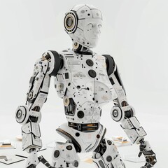 Graphic of 3D model of an AIpowered robot presenting business management strategies with abstract art elements