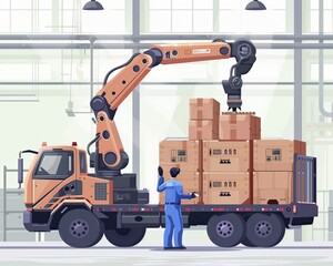 Man movers worker in blue uniform unloading cardboard boxes from truckProfessional delivery and moving serviceTwo businessman visits robot factory 