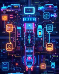 Graphic of Abstract art of AI enhancing transportation systems, with neon icons and futuristic vehicle designs