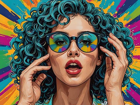 Pop art ritratto: donna sorpresa con bocca aperta, occhialo da sole e capelli colorati