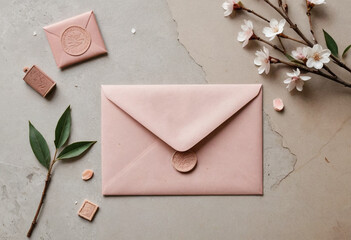 dusty pink vintage envelope with wax stamp , in vintage with dusty pink details, realistic white almond tree flowers, in abandoned floor background, beige and white colour