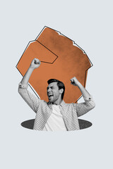 Creative trend collage of man raise fists fight freedom power rights independence democracy weird...