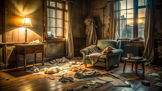 Dimly lit interior scene with worn-out furniture, scattered papers, and a lonely, crumpled blanket, conveying a sense of despair, hopelessness, and emotional turmoil.