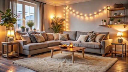 Cozy living room interior with a plush couch, soft cushions, and warm lighting, evoking a sense of comfort and togetherness, perfect for family bonding scenes.