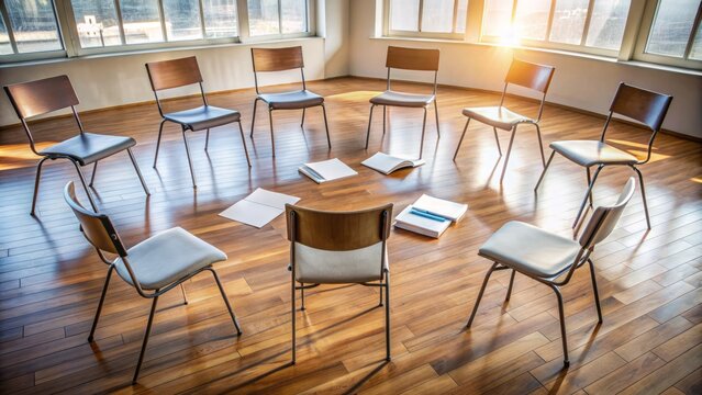 Empty chairs arranged in a circle with papers and folders scattered on the floor, symbolizing a group therapy meeting for addiction and mental health.