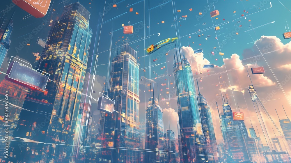 Poster 1. generate an image of a vibrant digital cityscape with towering skyscrapers, where floating shoppi