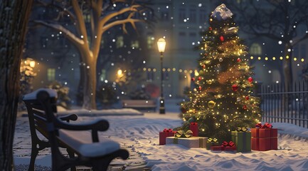 Enchanting Winter Wonderland: Festive Bench in Snowy Christmas Scene