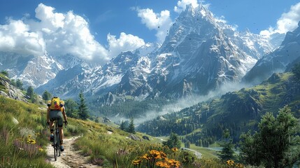 Fototapeta premium Cycling in Alpine Regions: Capture cyclists riding through alpine regions with majestic mountains, winding roads, and high-tech bikes.