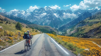 Obraz premium Cycling in Alpine Regions: Capture cyclists riding through alpine regions with majestic mountains, winding roads, and high-tech bikes.