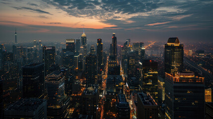 Obraz premium Evening skyline with city lights and bustling streets
