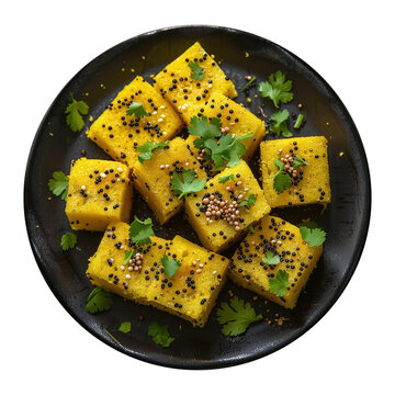 Traditional Khaman Dhokla with Mustard Seeds on Black Plate - Top View, Transparent Background