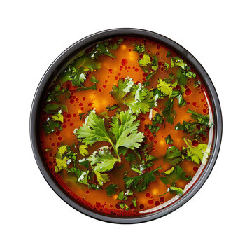 Rasam on Black Plate - Top View, Transparent Background