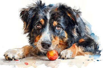 Colorful watercolor painting of a cute dog lying down with a ball, showcasing its playful and tender nature.