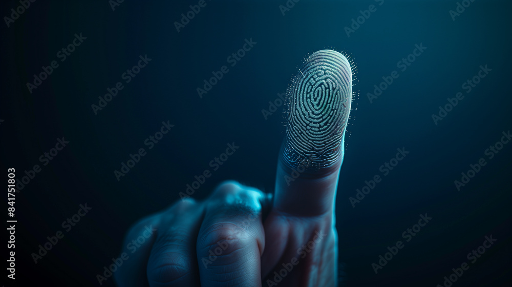 Poster close-up of a finger with a glowing digital fingerprint overlay, symbolizing biometric security and 