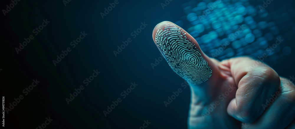 Poster close-up of a finger with a glowing digital fingerprint overlay, symbolizing biometric security and 