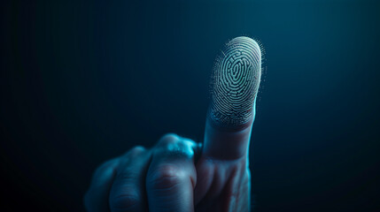 Close-up of a finger with a glowing digital fingerprint overlay, symbolizing biometric security and technology.