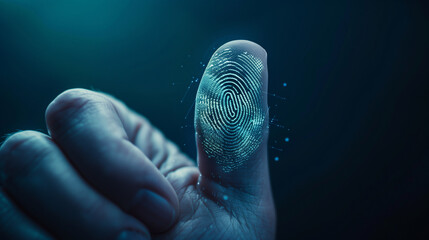 Close-up of a finger with a glowing digital fingerprint overlay, symbolizing biometric security and technology.
