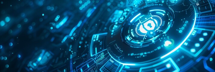 Digital interface presenting futuristic cybersecurity system with lock symbol in center. Hightech design features glowing blue lights, circuits, and data elements for cuttingedge technology vibe