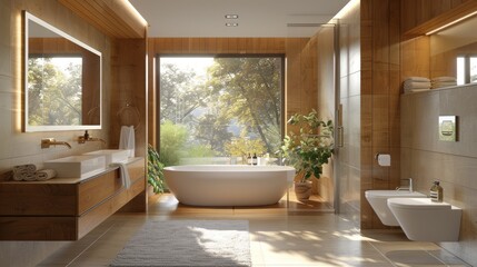 Fototapeta premium Stylish Bathroom Interior Featuring Wooden Panels and Plants